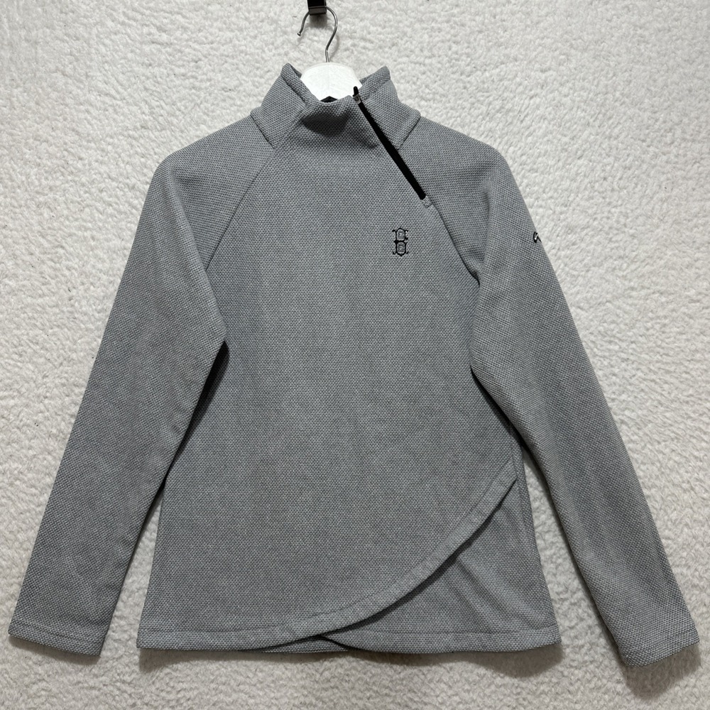 KJUS Women's Sweater Size M Kaya Midlayer‎ Mock Neck Textured Gray Crossover Hem
